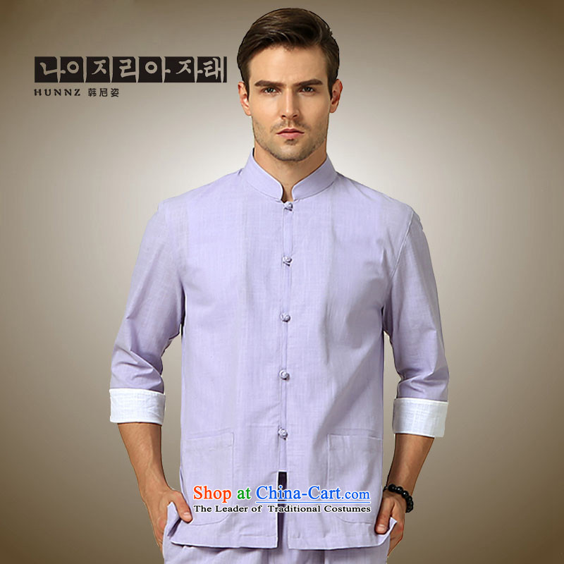 Classic Chinese Wind HANNIZI men in both the short-sleeved shirt Chinese Kung Fu cotton apparel stage services Light Violet?180