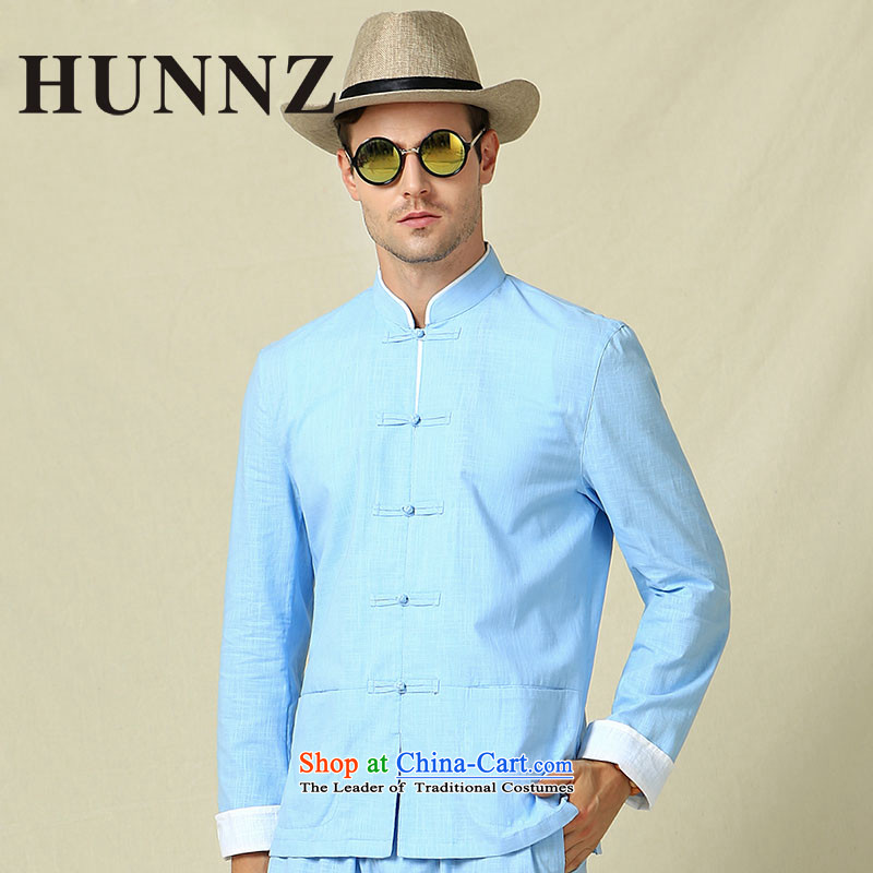 New Products classical Tang HUNNZ boxed long sleeved shirt collar China Wind Jacket Chinese Disc detained men retro kung fu with light blue 165,HUNNZ,,, shopping on the Internet