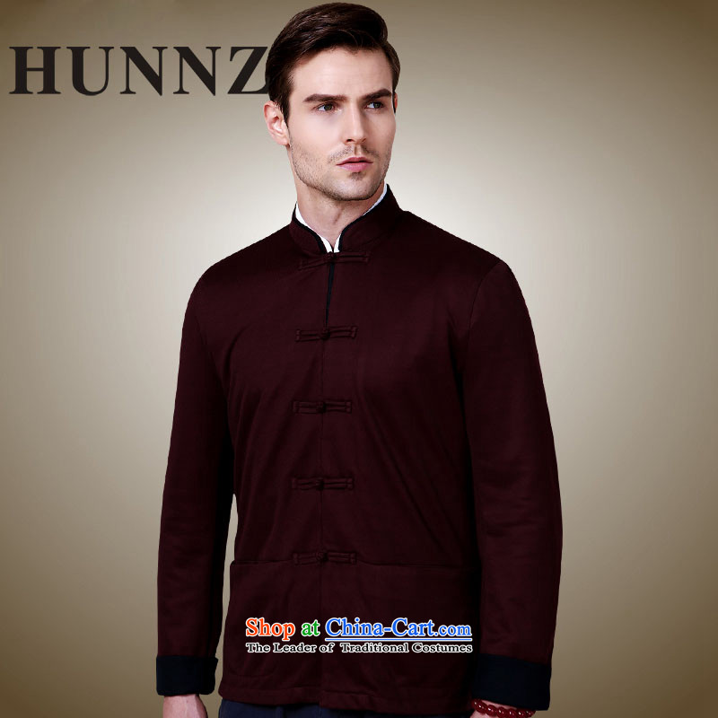 Hunnz stylish and simple China wind collar disc detained men Tang Dynasty Chinese classical long-sleeved sweater jacket deep red 175,HUNNZ,,, shopping on the Internet