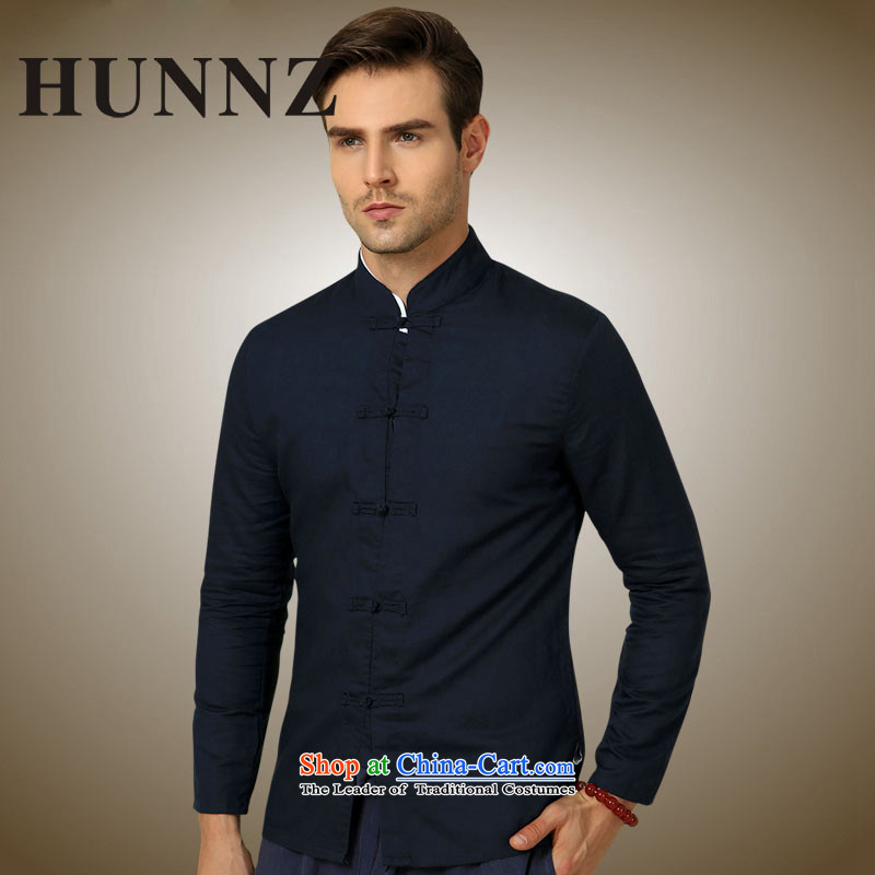 Hunnz natural cotton linen men Tang dynasty China wind long sleeved shirt collar shirt Solid Color Chinese men's black tie up 180,HUNNZ,,, shopping on the Internet