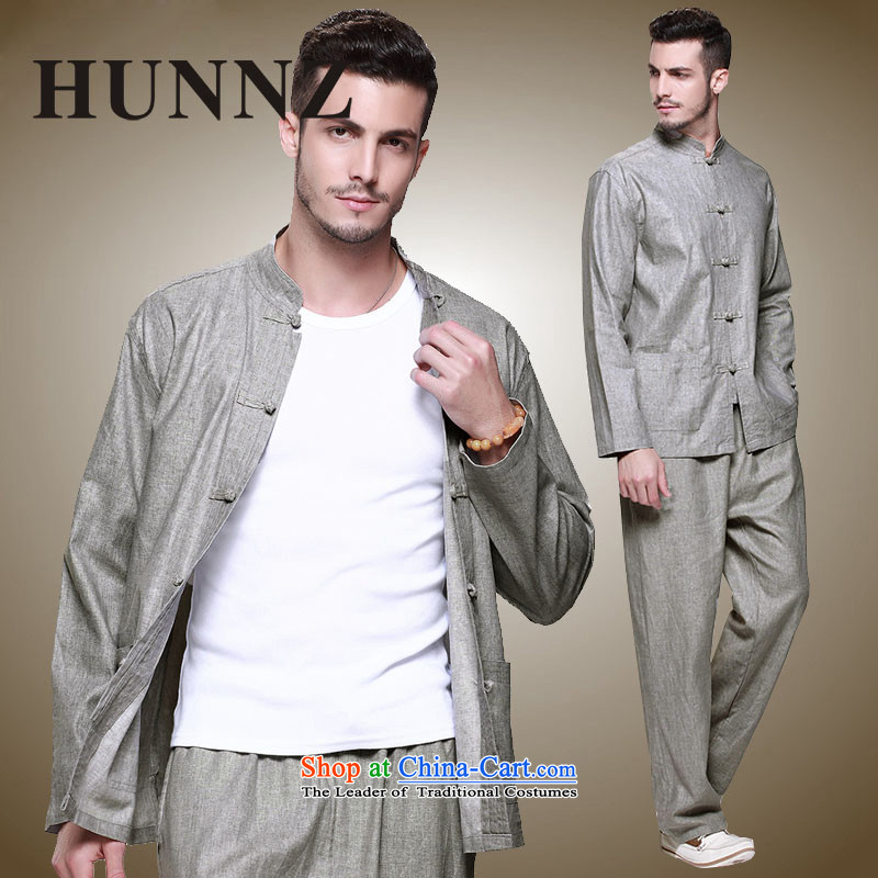 Hunnz new products natural cotton linen men Tang Dynasty Chinese national costume Kit Traditional Chinese wind up detained men gray 165,HUNNZ,,, shopping on the Internet