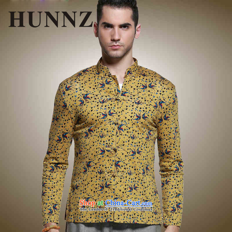 Classic Chinese Wind HUNNZ Men's Mock-Neck Tang Dynasty Chinese shirt men detained disc with floral long-sleeved shirt yellow 180,HUNNZ,,, shopping on the Internet