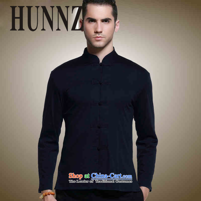 Sau San Tong load HUNNZ classic long sleeved shirt collar up China wind detained men's shirts, natural cotton linen and blue jacket 165,HUNNZ,,, shopping on the Internet