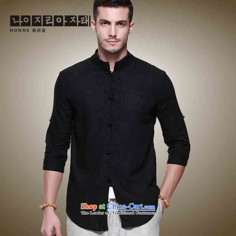 Natural Linen men HANNIZI Tang tray clip collar Chinese men's jackets China wind Sau San stereo shirt Black180