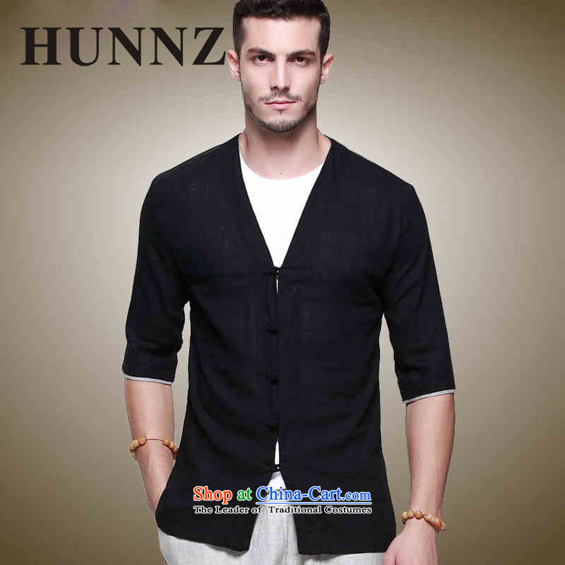 Hunnz Han-linen men Tang dynasty Classic Chinese Wind Sau San disk is in his shirt-sleeves and sexy men's V-Neck black 175,HUNNZ,,, shopping on the Internet