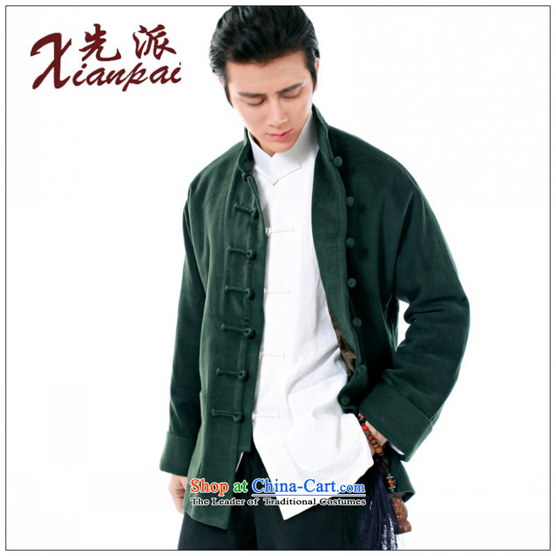 To send the new spring and autumn Tang dynasty China wind stylish long-sleeved male cashmere overcoat traditional Chinese New cuff even national dress ball-collar Leisure Services loose xl dark green cashmere overcoat 3XL  new products under the concept o