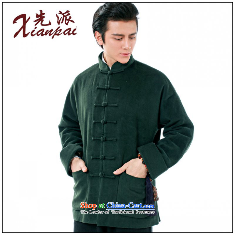 To send the new spring and autumn Tang dynasty China wind stylish long-sleeved male cashmere overcoat traditional Chinese New cuff even national dress ball-collar Leisure Services loose xl dark green cashmere overcoat 3XL  new products under the concept o