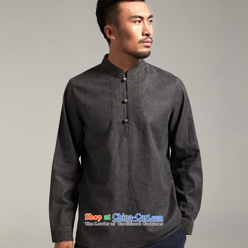 De Fudo Sheung Ning 100% linen men Tang dynasty China wind youth Stylish  spring and autumn 2015 Sau San T-shirt, dark gray 2XL/175, new de fudo shopping on the Internet has been pressed.