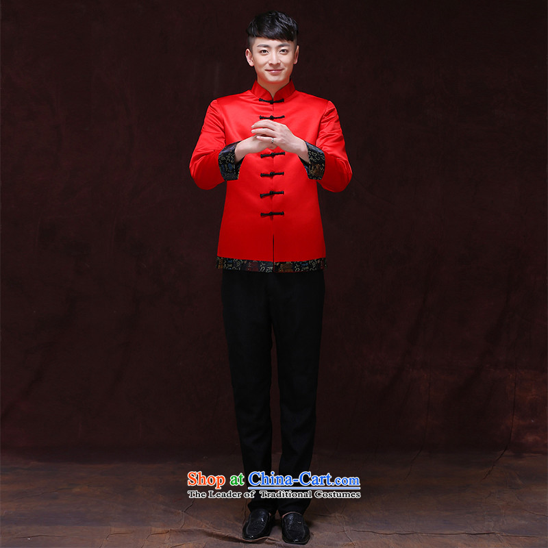 Tsai Hsin-soo wo service of men's new Chinese style wedding married men and Tang dynasty red Sau Wo serving Chinese tunic national costumes of the bridegroom Dress Shirt one toasting champagne?M
