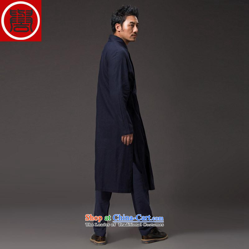 Renowned China wind men Long Hoodie cotton linen buckled tea service Tang dynasty long-sleeved improved Han-spiritual ball loose clothing costumes and deep blue shirt costume XL, renowned (CHIYU) , , , shopping on the Internet
