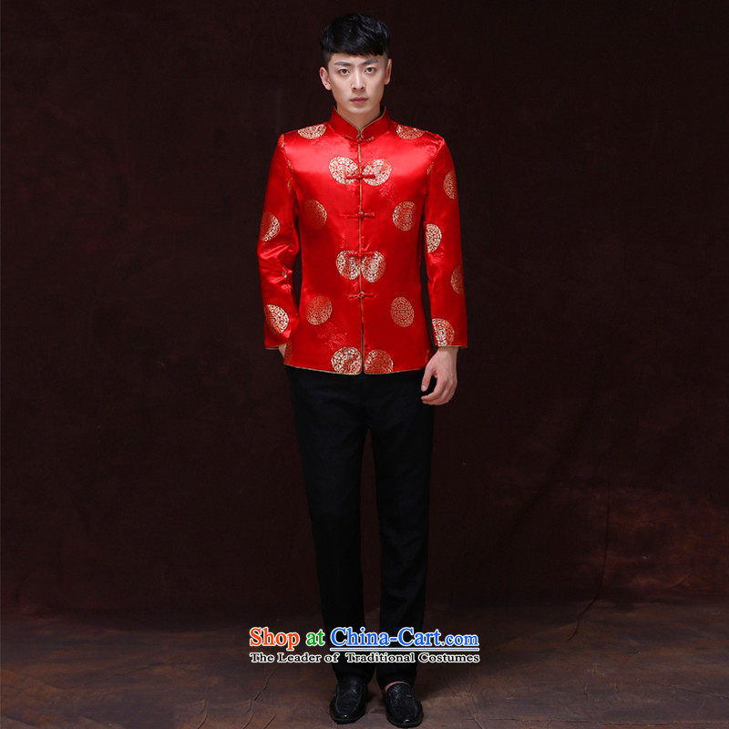 Tsai Hsin-soo wo service of men's new Chinese style wedding married men and Tang dynasty red Sau Wo serving Chinese tunic national costumes of the bridegroom bows dress Chinese bridegroom blouses A?L
