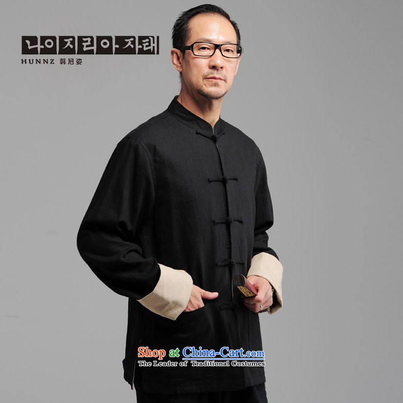  The elderly in the new HANNIZI men natural cotton linen long-sleeved Tang dynasty China wind Mock-Neck Shirt black jacket detained disc XXL, postures (hannizi of Korea) , , , shopping on the Internet