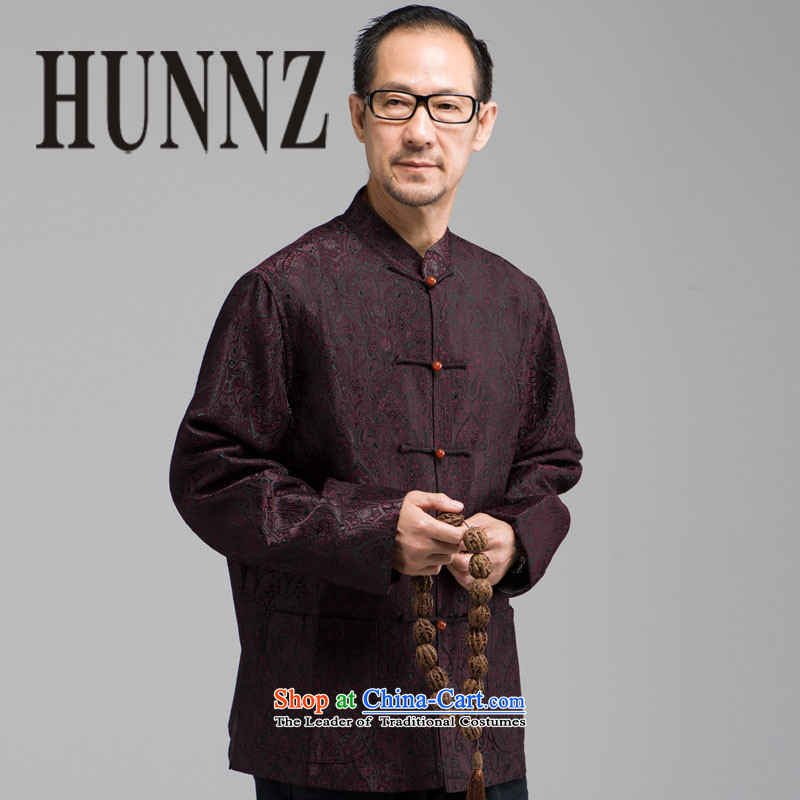 New Classic embroidery HUNNZ Tang Dynasty Chinese elderly in men's long-sleeved jacket, served a mock-neck disc buttoned, deep red XXXL,HUNNZ,,, shopping on the Internet