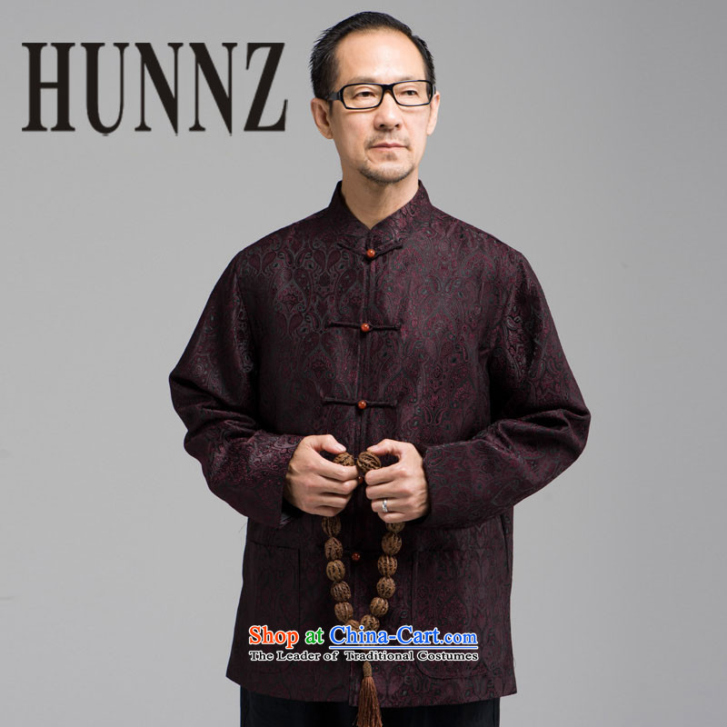 New Classic embroidery HUNNZ Tang Dynasty Chinese elderly in men's long-sleeved jacket, served a mock-neck disc buttoned, deep red XXXL,HUNNZ,,, shopping on the Internet