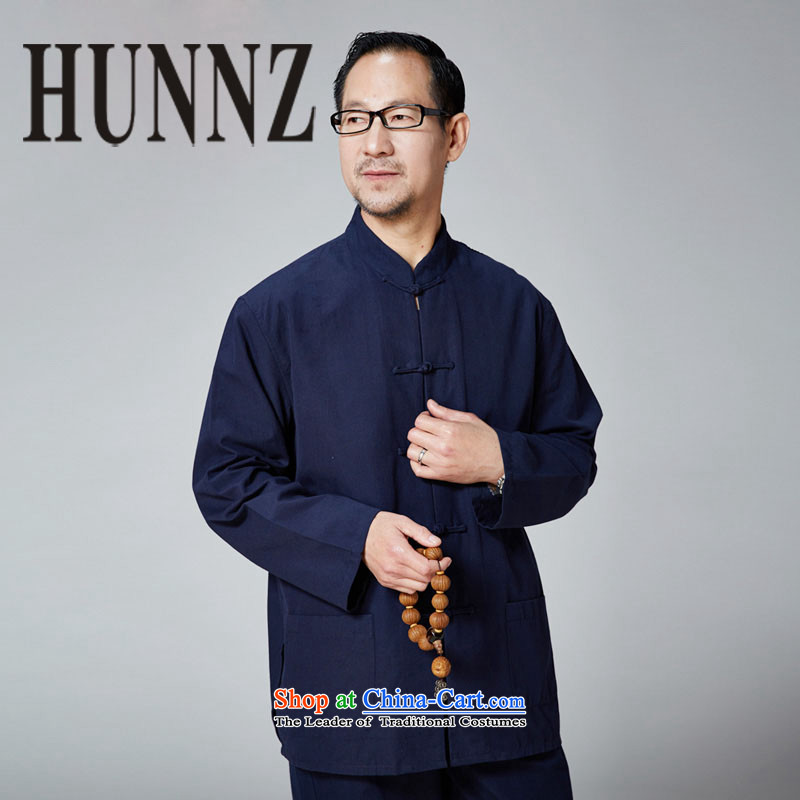 Hunnz New China wind Tang dynasty Classic Old folk weave tray clip collar long-sleeved jacket dad pure color blue 180,HUNNZ,,, shopping on the Internet