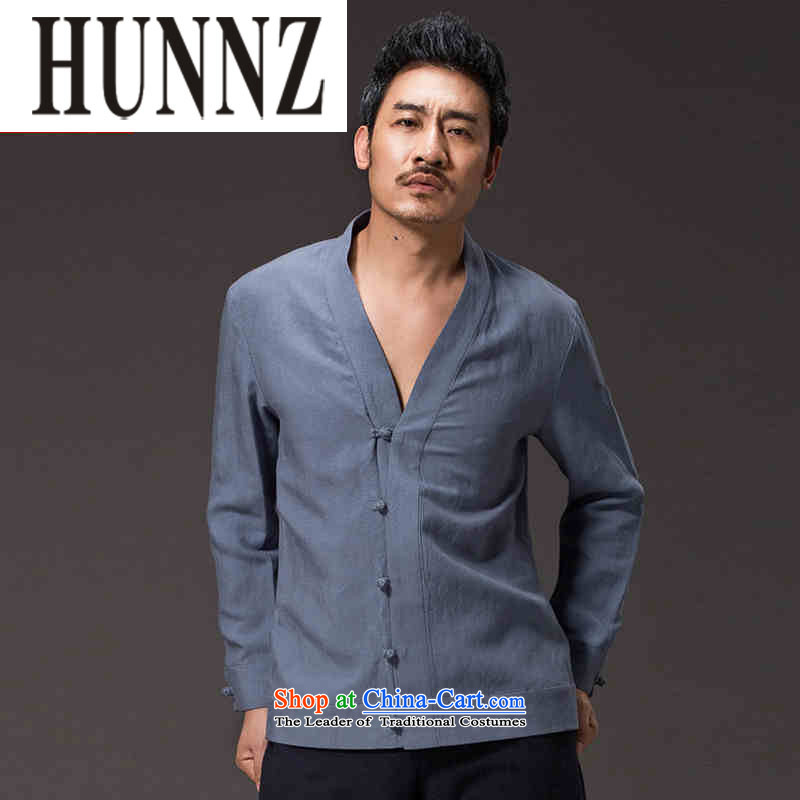Hunnz New China wind men ball-Tang dynasty Classic service long-sleeved solid color cotton linen Han-kung fu services jacket blue L,HUNNZ,,, shopping on the Internet