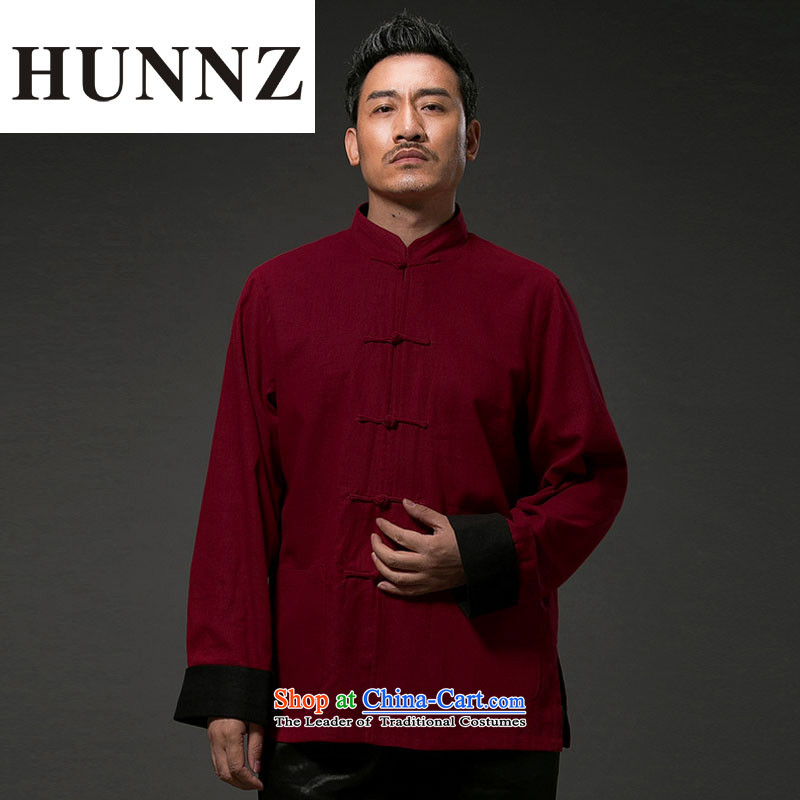 China wind retro HUNNZ Tang dynasty Classic Sau San stylish and simple collar disc detained men wear clothing duplex deep red XXL,HUNNZ,,, shopping on the Internet