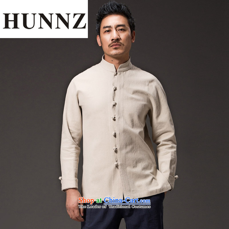 Hunnz cotton linen Chinese Han-China wind national costumes and Tang dynasty minimalist collar disc deduction Sau San long sleeved shirt with white XXL,HUNNZ,,, shopping on the Internet