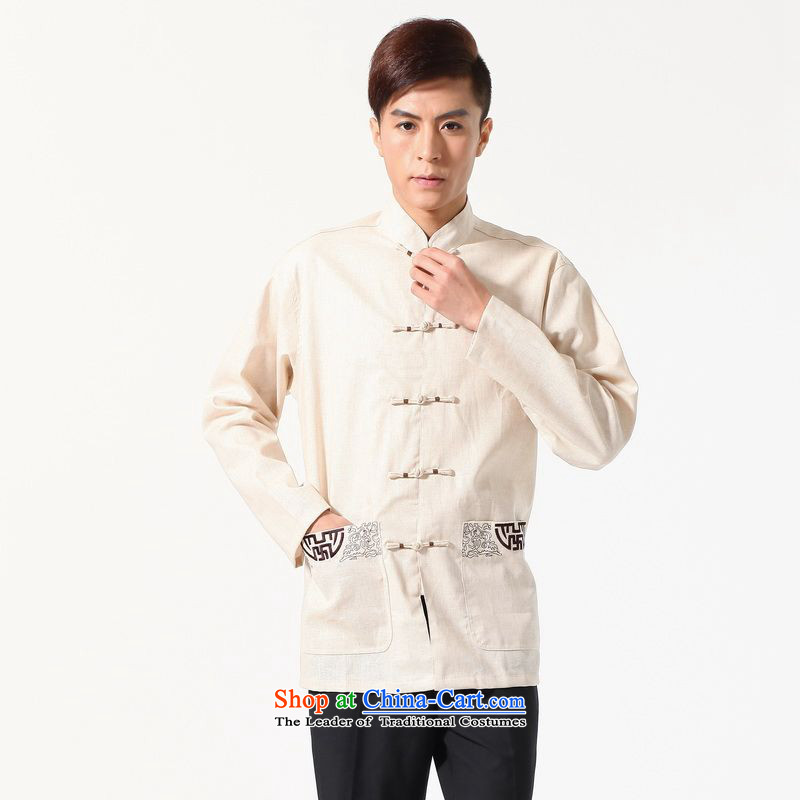 158 Jing long-sleeved Tang Dynasty Chinese Improved large Chinese tunic of Men's Mock-Neck embroidered cotton linen Tang dynasty shirt, beige , L 158 jing shopping on the Internet has been pressed.