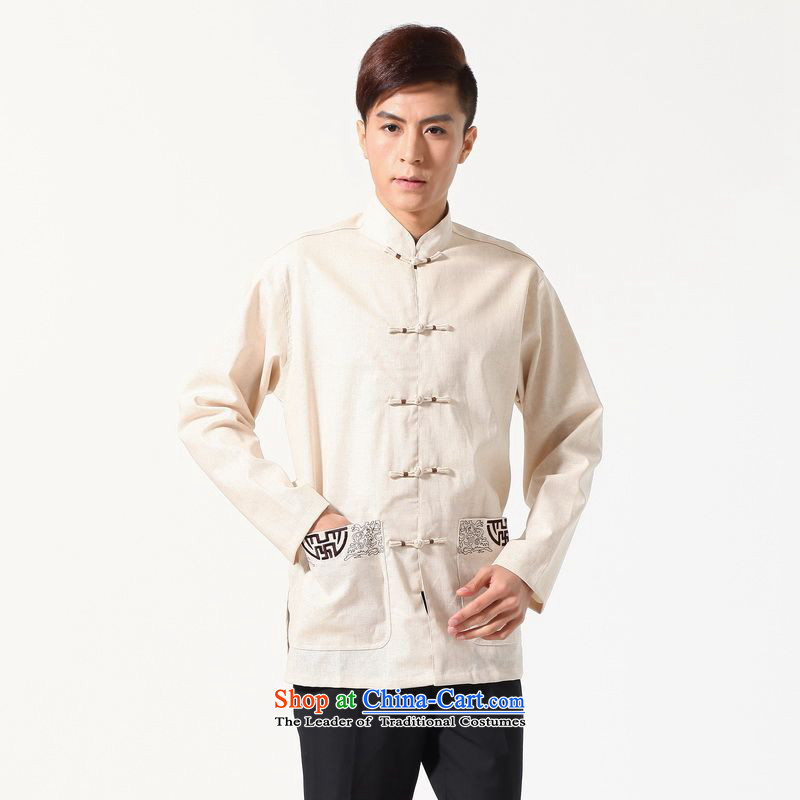 158 Jing long-sleeved Tang Dynasty Chinese Improved large Chinese tunic of Men's Mock-Neck embroidered cotton linen Tang dynasty shirt, beige , L 158 jing shopping on the Internet has been pressed.