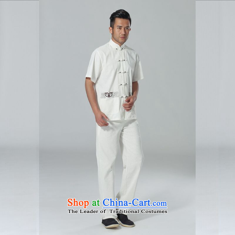 158 Jing in Tang Dynasty older men and summer cotton linen collar Chinese Tai Chi Man serving short-sleeve kit for larger men's kung fu Kit , L 158 Jing , , , white shopping on the Internet