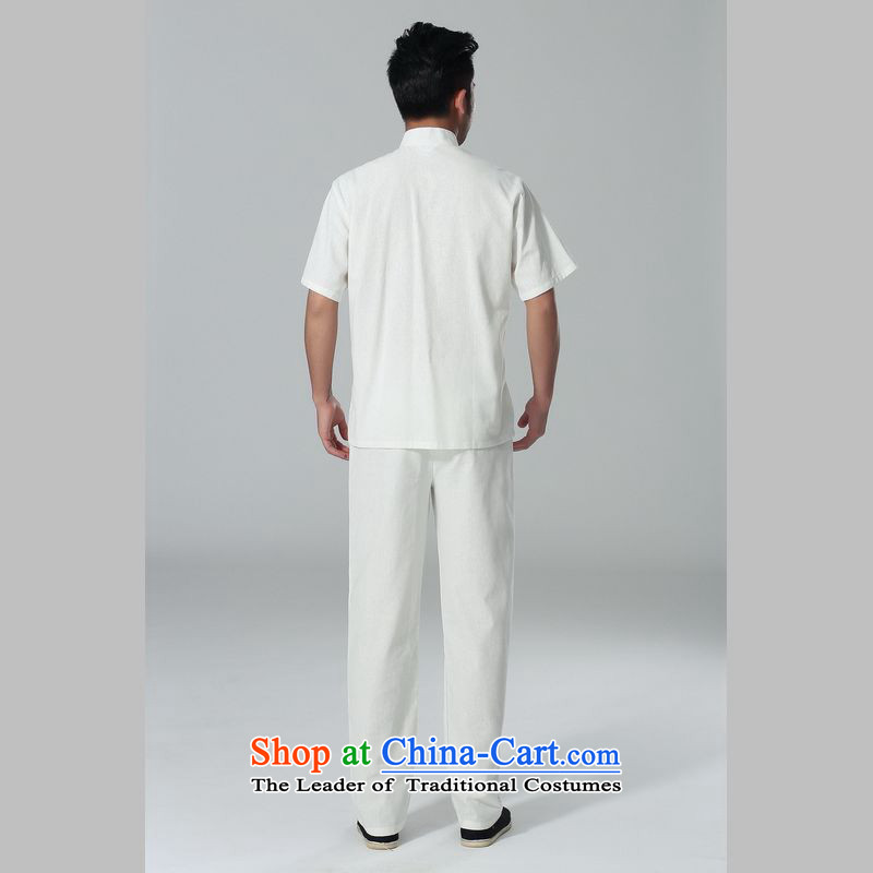 158 Jing in Tang Dynasty older men and summer cotton linen collar Chinese Tai Chi Man serving short-sleeve kit for larger men's kung fu Kit White M 158 jing shopping on the Internet has been pressed.
