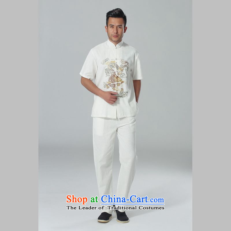 158 Jing in Tang Dynasty older men and summer cotton linen collar Chinese Tai Chi Man serving short-sleeve kit for larger men's kung fu Kit White M 158 jing shopping on the Internet has been pressed.