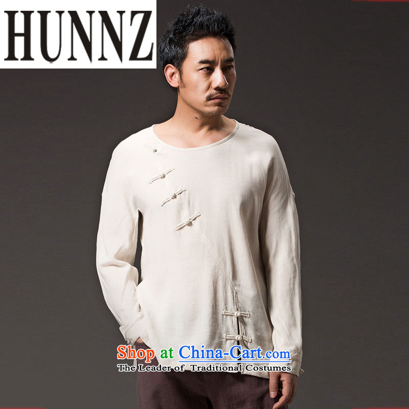 Retro men's beauty HUNNZ ethnic linen long-sleeved Han-trendy improved China wind Mock-Neck Shirt clip white XL,HUNNZ,,, disc shopping on the Internet