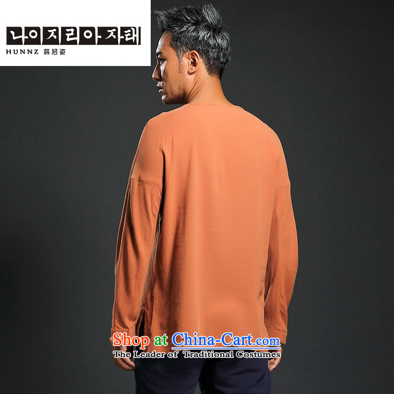 Retro men's beauty HANNIZI ethnic linen long-sleeved Han-trendy improved China wind Mock-Neck Shirt snap-orange XXL, won, Gigi Lai (hannizi) , , , shopping on the Internet