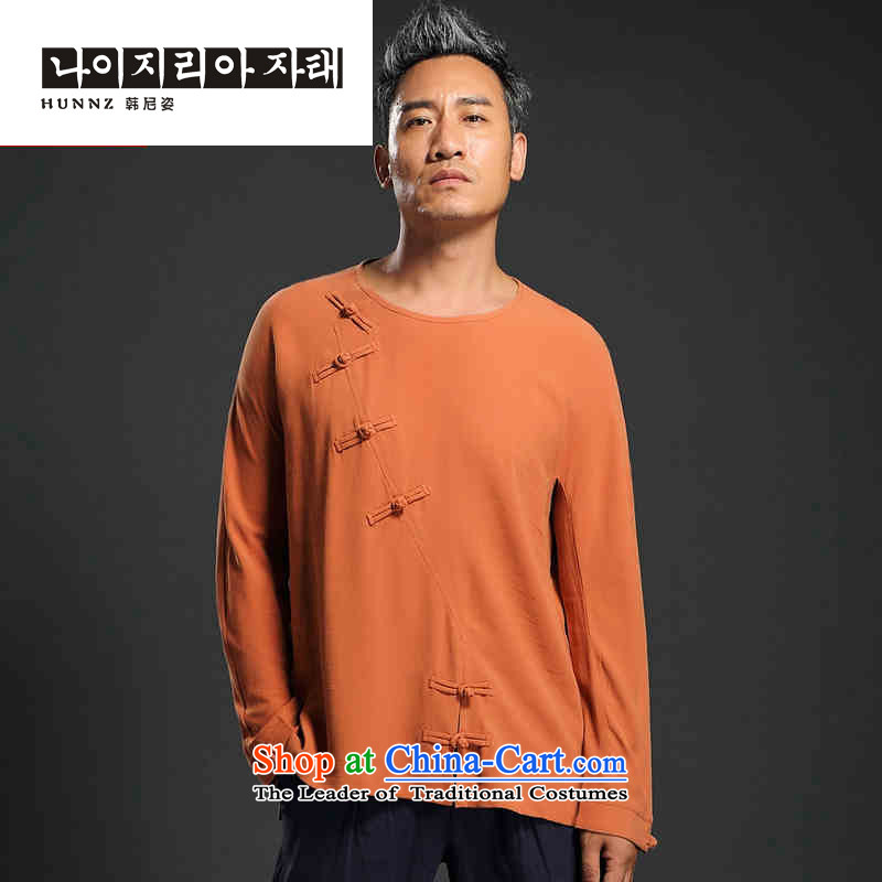 Retro men's beauty HANNIZI ethnic linen long-sleeved Han-trendy improved China wind Mock-Neck Shirt snap-orange XXL, won, Gigi Lai (hannizi) , , , shopping on the Internet