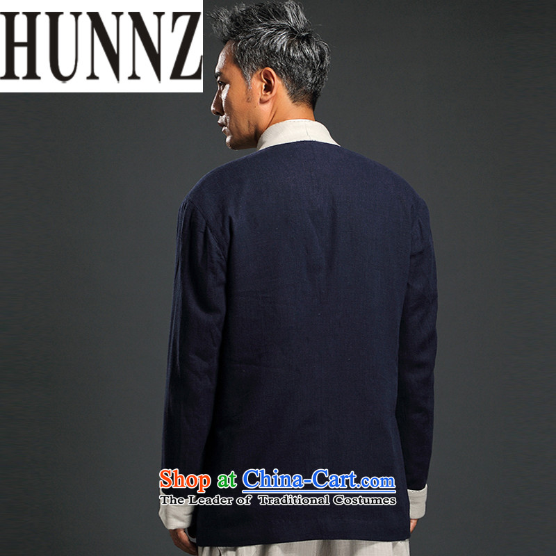 Hunnz China wind linen Han-long-sleeved male cardigan improved Tang blouses Chinese Antique large teachers men dark blue XXL,HUNNZ,,, shopping on the Internet