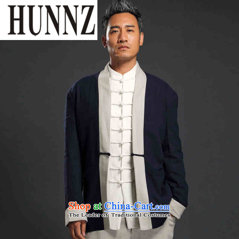 Hunnz China wind linen Han-long-sleeved male cardigan improved Tang blouses Chinese Antique large teachers men dark blue XXL,HUNNZ,,, shopping on the Internet