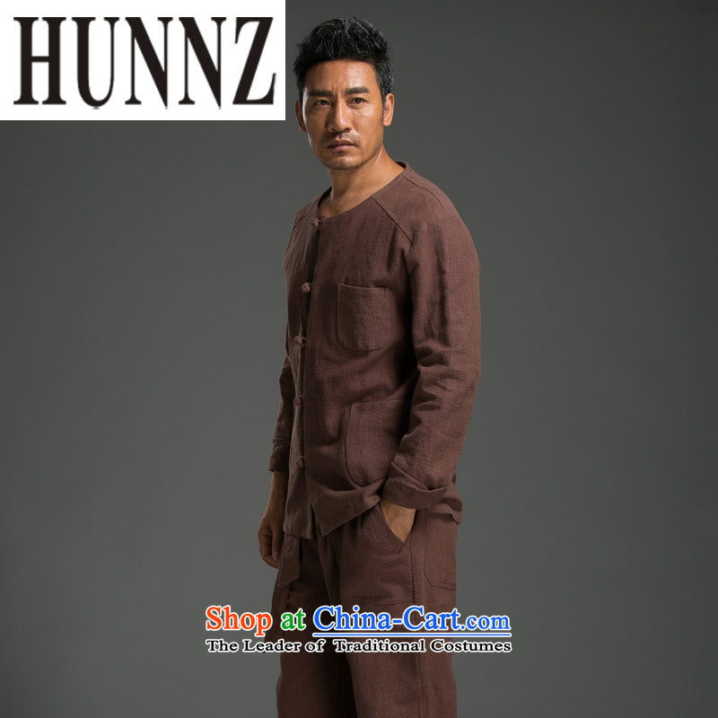 Hunnz minimalist men long-sleeved Kit China wind Solid Color Tang Dynasty Chinese classic kung fu shirt round-neck collar cotton linen Sau San BOURDEAUX XL,HUNNZ,,, shopping on the Internet