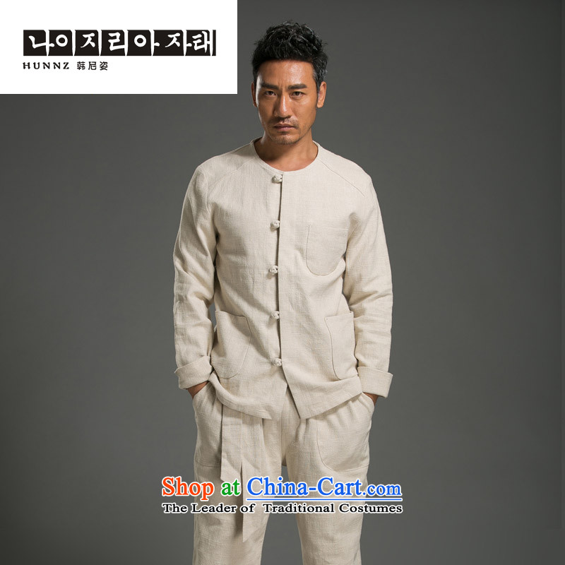 Hannizi minimalist men long-sleeved Kit China wind Solid Color Tang Dynasty Chinese classic kung fu shirt round-neck collar cotton linen Sau San pale yellow and postures (L, Korea hannizi) , , , shopping on the Internet