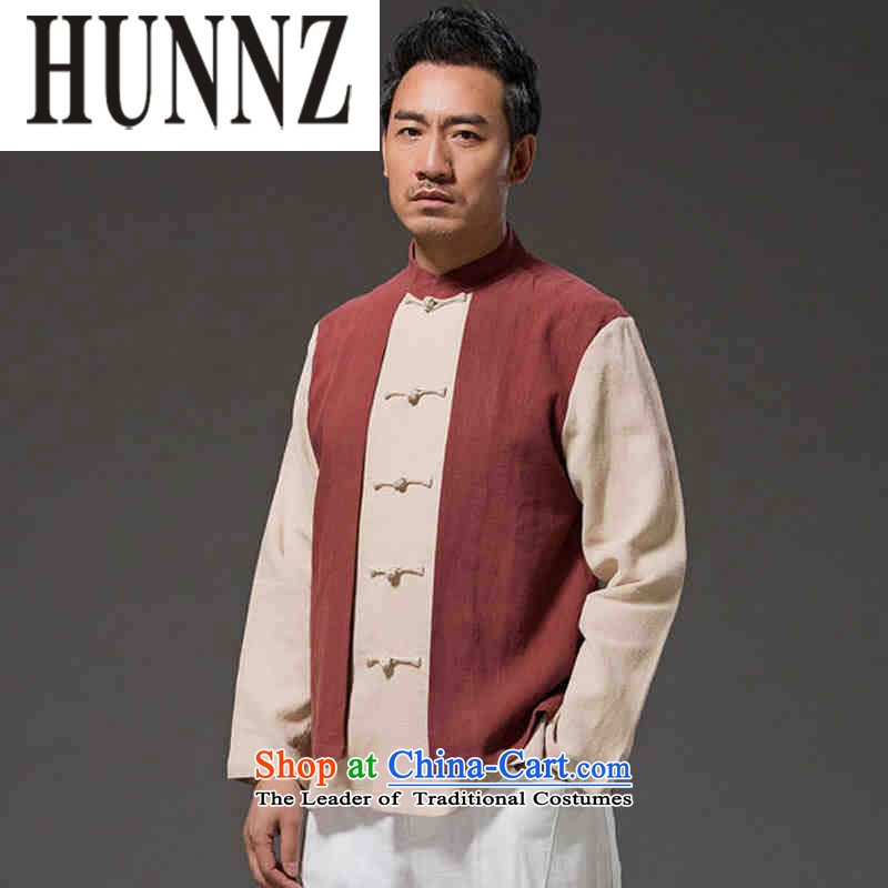 Hunnz New Products China wind leave two long-sleeved men Sau San Han-linen stylish colors disc deduction spell mock deep red L,HUNNZ,,, shopping on the Internet