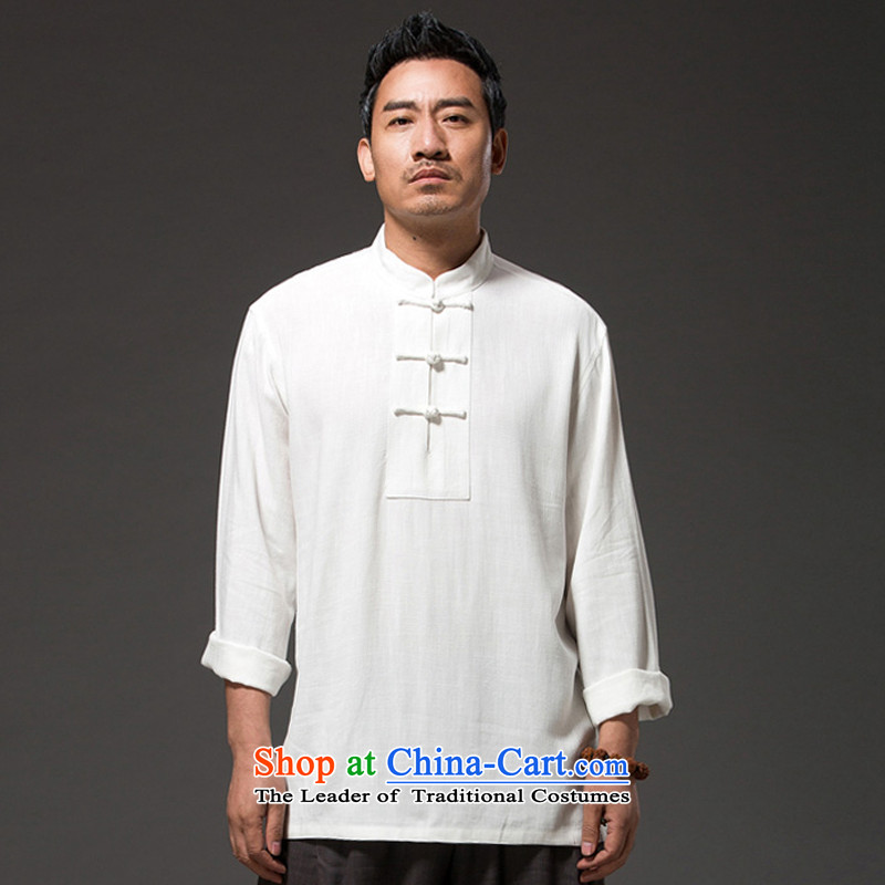Renowned Chinese service Tang dynasty China wind men long-sleeved T-shirt autumn loose men linen clothes solid color cotton linen shirts and ties of light gray 3XL, disc (chiyu renowned shopping on the Internet has been pressed.)