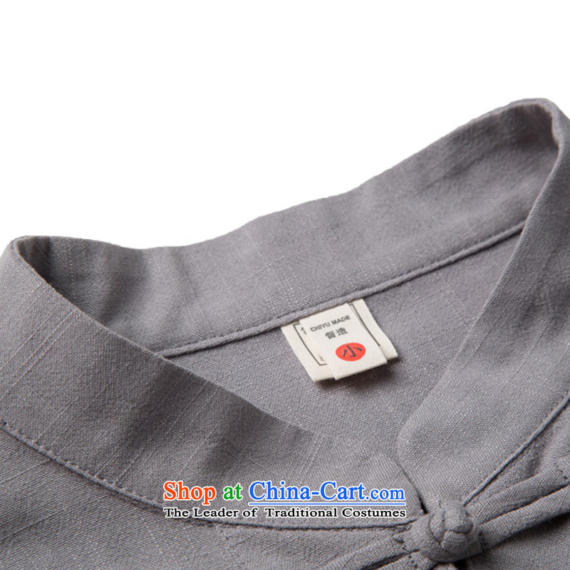 Renowned Chinese service Tang dynasty China wind men long-sleeved T-shirt autumn loose men linen clothes solid color cotton linen shirts and ties of light gray 3XL, disc (chiyu renowned shopping on the Internet has been pressed.)