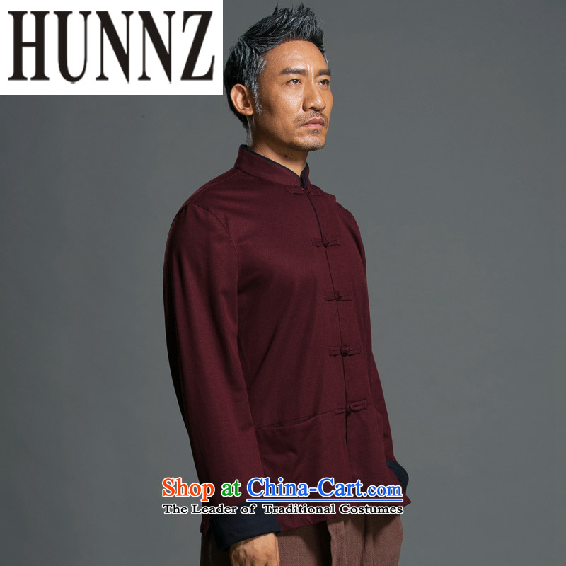 China wind male relaxd HUNNZ long-sleeved Tang Dynasty Chinese Men's Mock-Neck National wind up the clip jacket improved Han-dark red XXXL,HUNNZ,,, shopping on the Internet