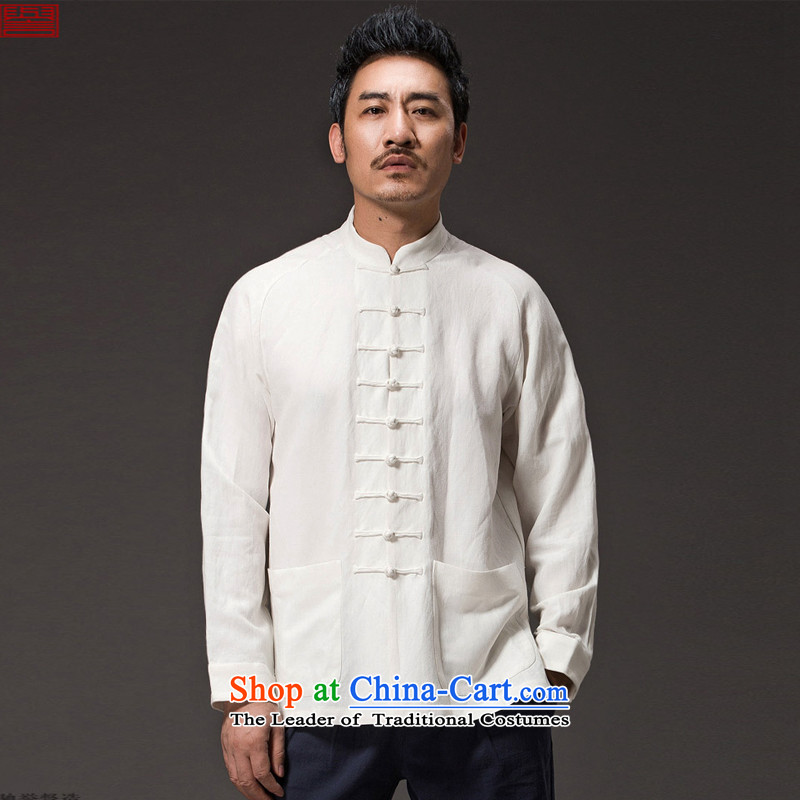 Renowned Chinese men serving long-sleeve sweater in Tang dynasty white collar Autumn Chinese Men's Shirt linen wind new cotton linen white male Han- L, renowned (chiyu) , , , shopping on the Internet