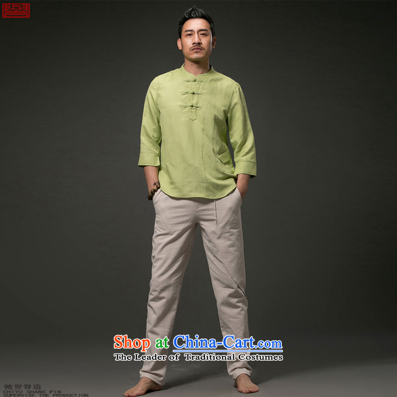 Renowned Chinese services for summer ethnic men short-sleeved T-shirt linen collar Tang Dynasty Chinese shirt cotton linen 2015 7 cuff male light green 3XL, renowned (chiyu) , , , shopping on the Internet
