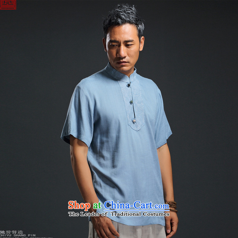Renowned Chinese Services China wind 2015 Summer New Men linen short-sleeved shirt Sau San Men's Shirt cotton linen, Blue 2XL, thin renowned (chiyu) , , , shopping on the Internet