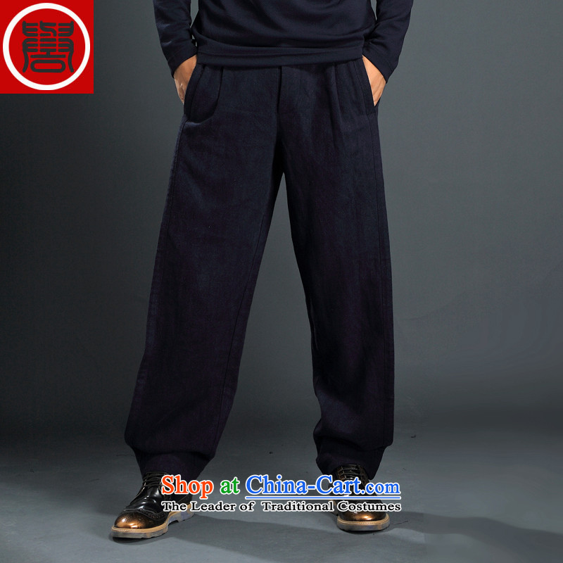 Renowned China wind Tang Dynasty Chinese men and Chinese tunic of older persons in the linen loose increase men of ethnic men casual pants?Q0833- DARK BLUE?XXL