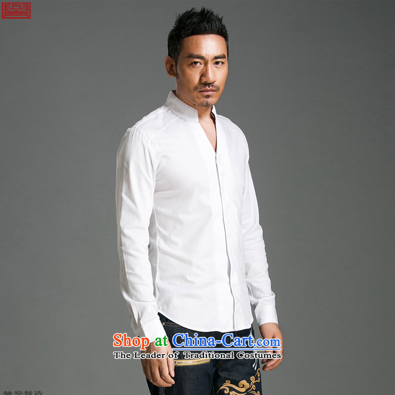 Renowned Chinese Services China wind men's shirts long-sleeved Sau San V-Neck Solid Color men spring and fall cotton linen tunic shirt and Tang dynasty 056 minimalist white 2XL, renowned (chiyu) , , , shopping on the Internet