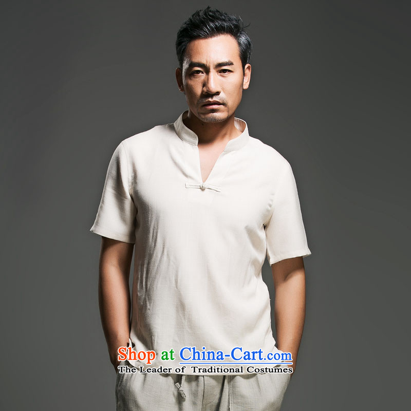 Renowned Chinese Services China wind men short-sleeved shirt V-neck disc clip cotton linen collar leisure T-shirts and Sau San short-sleeve male and 2015 White XL, renowned (chiyu) , , , shopping on the Internet