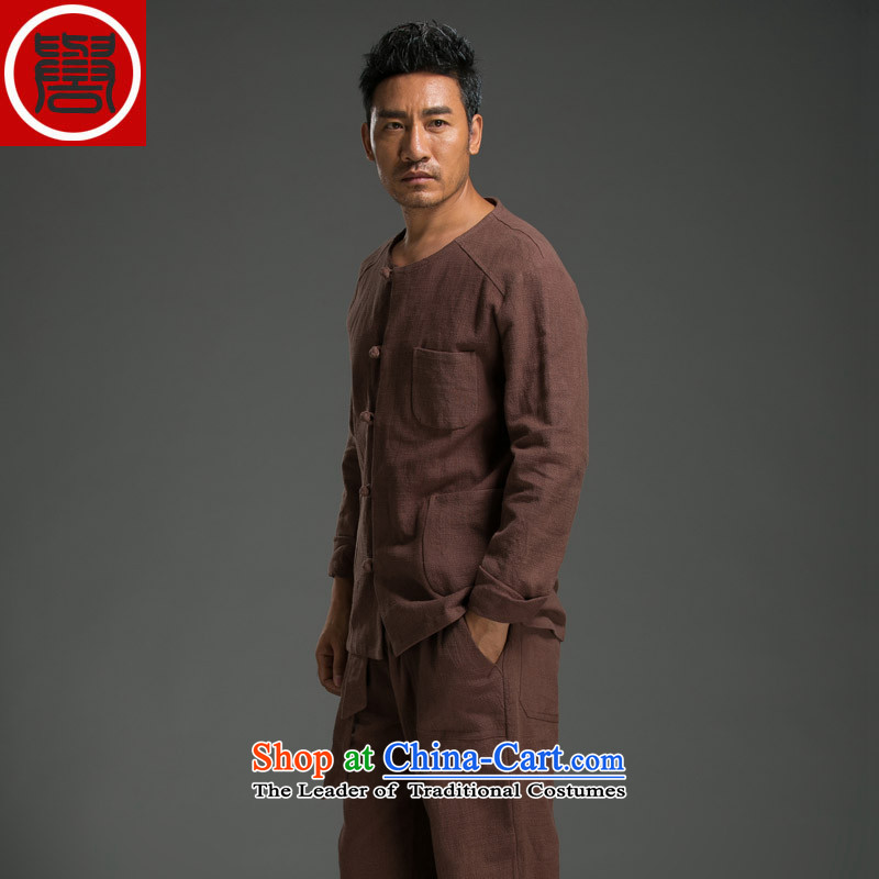 Renowned Chinese Services China wind autumn and winter and Tang Dynasty Package long-sleeved Chinese cotton linen round-neck collar disc detained men serving in Nepal kung fu shirt solid color maroonL