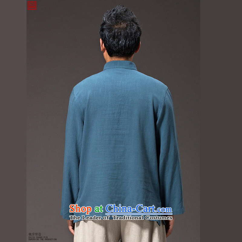 Renowned China wind men long-sleeved T-shirt linen solid color autumn cotton linen men's shirts, Tang dynasty white T-shirt , L, renowned (CHIYU) , , , shopping on the Internet
