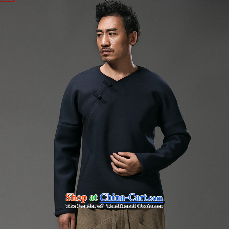 Renowned Chinese Services China wind autumn and winter and long-sleeved T-shirt small V-neck disc pure color tie Tang dynasty male jacket loose cotton linen clothes male and dark blue , L, renowned (chiyu) , , , shopping on the Internet