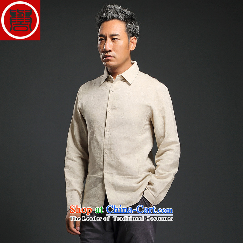 Renowned men jacquard long-sleeved shirt lapel male national costumes China wind Men's Shirt spring improved Tang dynasty shirt, light yellow XL