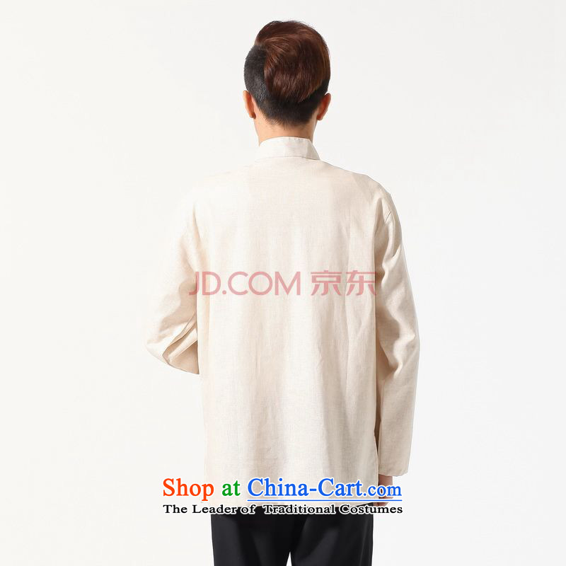 Min Joseph long-sleeved Tang Dynasty Chinese Improved large Chinese tunic of Men's Mock-Neck embroidered cotton linen Tang dynasty shirt, beige , L, Min Joseph shopping on the Internet has been pressed.