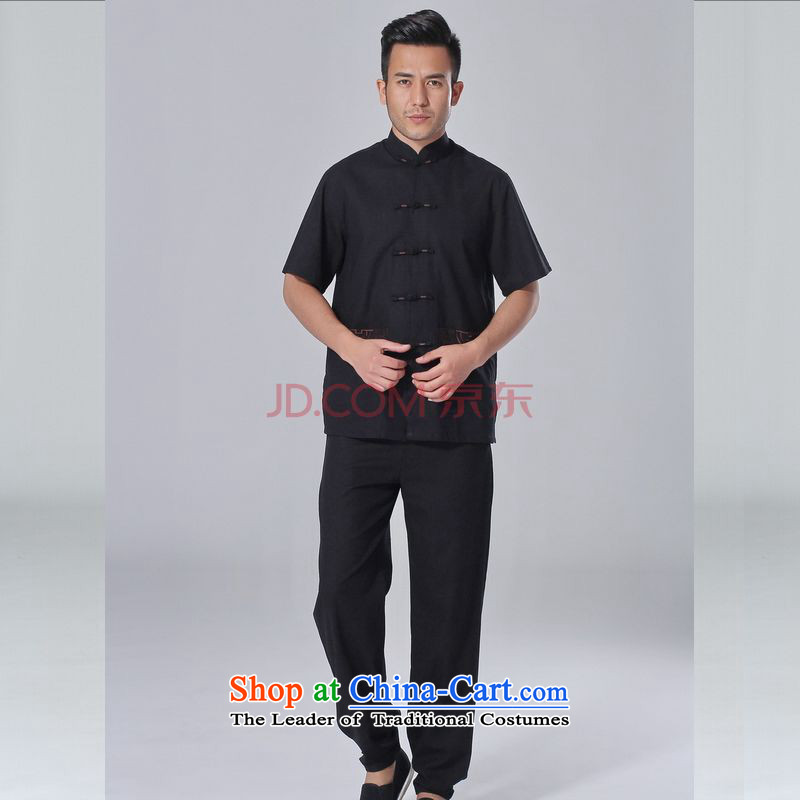 The elderly in the Arthur Min Tang dynasty male summer cotton linen collar Chinese Tai Chi Man serving short-sleeve kit for larger men's kung fu Kit , L, Joseph Pang black , , , shopping on the Internet